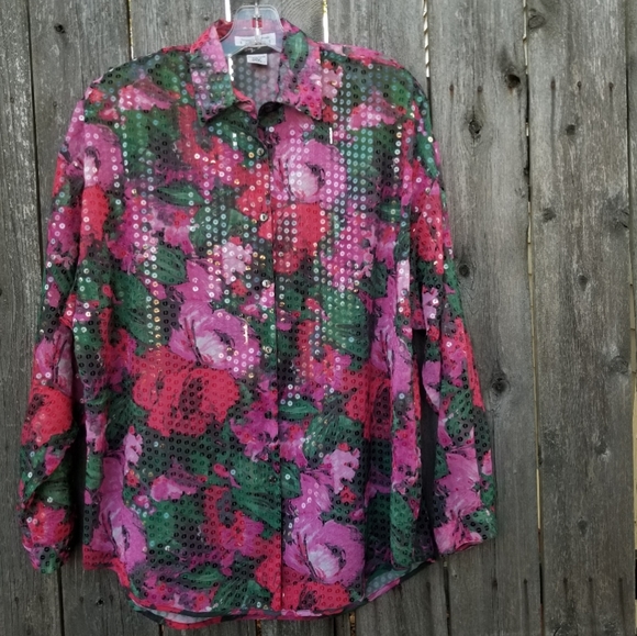 Vintage Sequins Blouse Sze M 2 Pink Red Gra - Picture 7 of 12